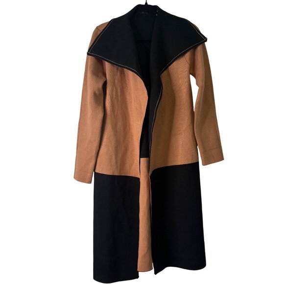 Tahari Burnt COGNAC Black Knit Open Front Cardigan Long Line Duster Size M - Picture 1 of 13